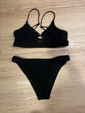 aerie Black Ribbed Ring-Detail Bikini Set